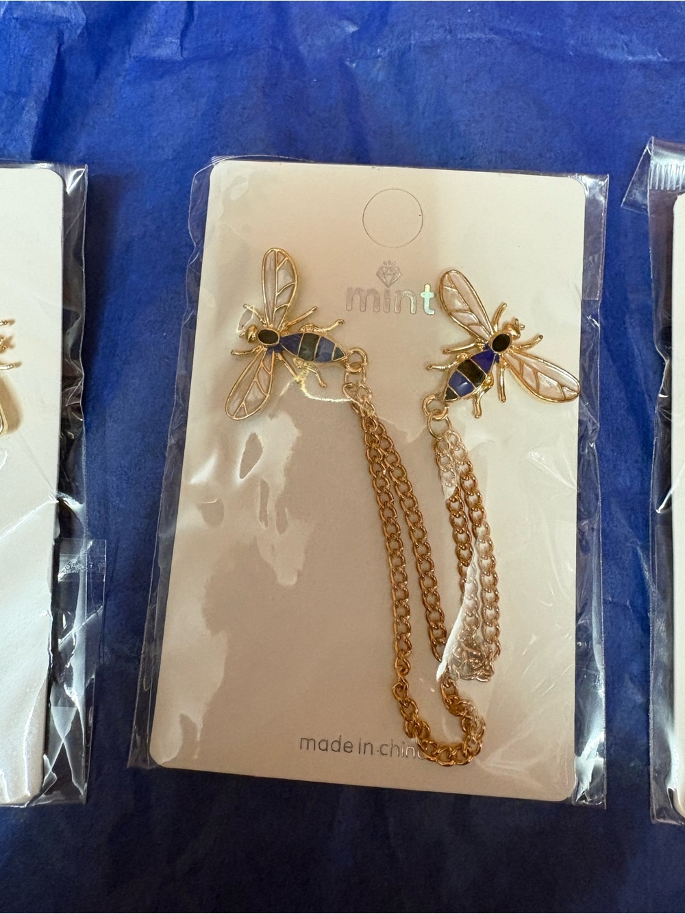 Mint Gold Bee Brooches with Blue Enamel Accents